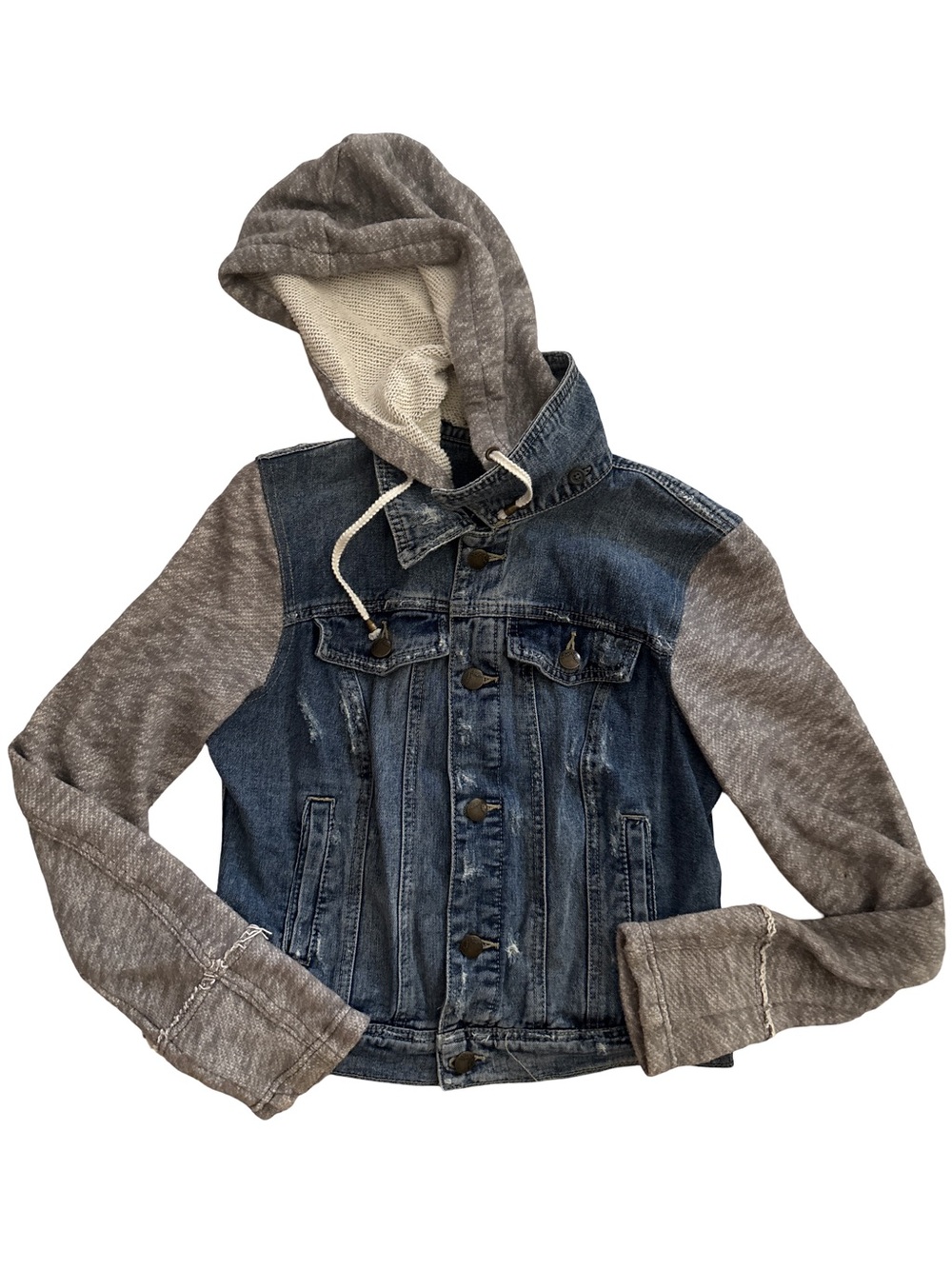 Free People Blue Denim Jacket with Gray Knit Hood & Sleeves